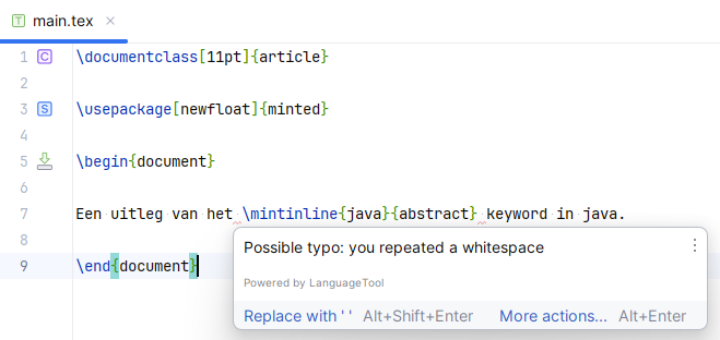 The MWE shown in IntelliJ with the repeated whitespace error