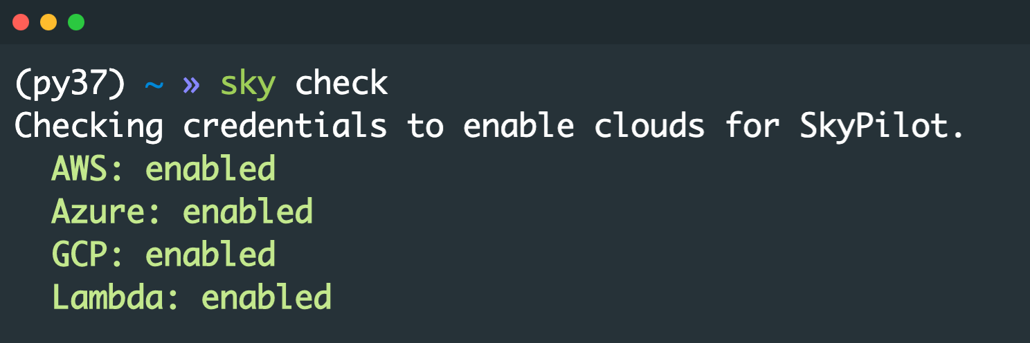 `sky check` output showing enabled clouds for SkyPilot