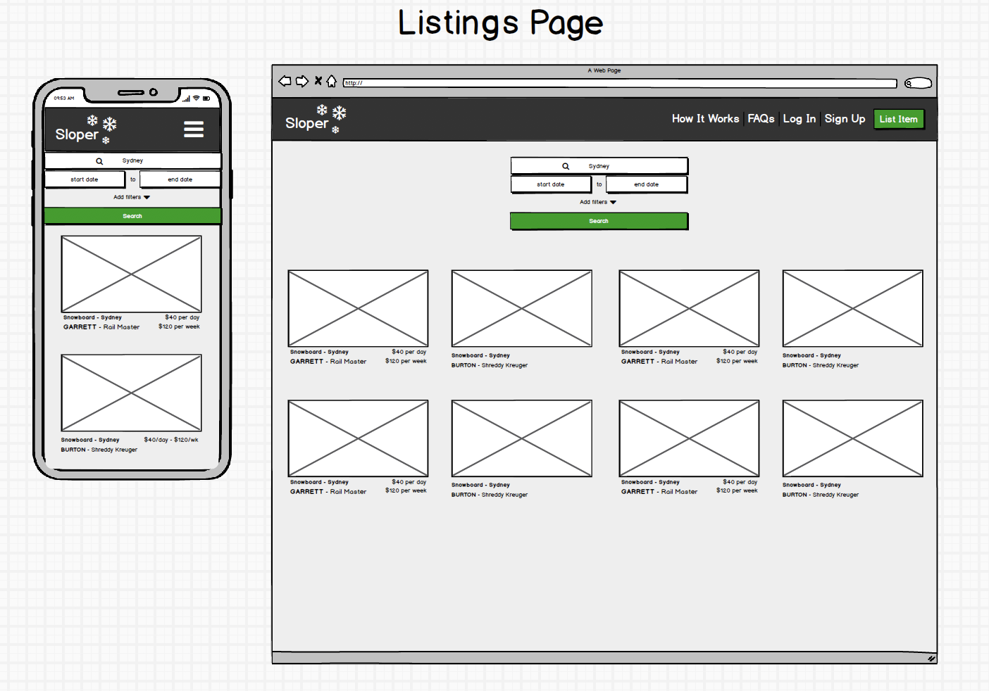 listings page wireframes