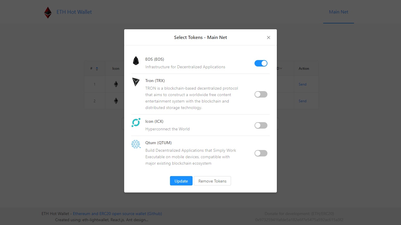 eth-hot-wallet erc20 token chooser preview
