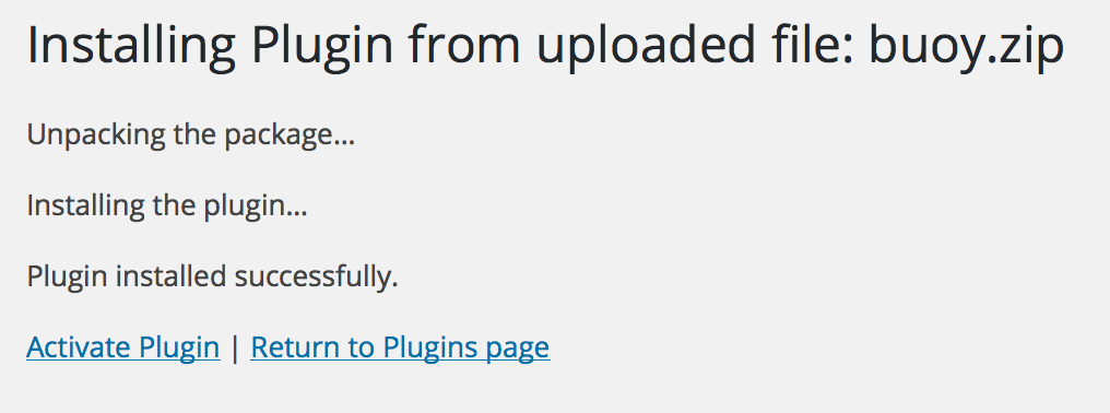 Screenshot of successful Buoy plugin installation from uploaded file.