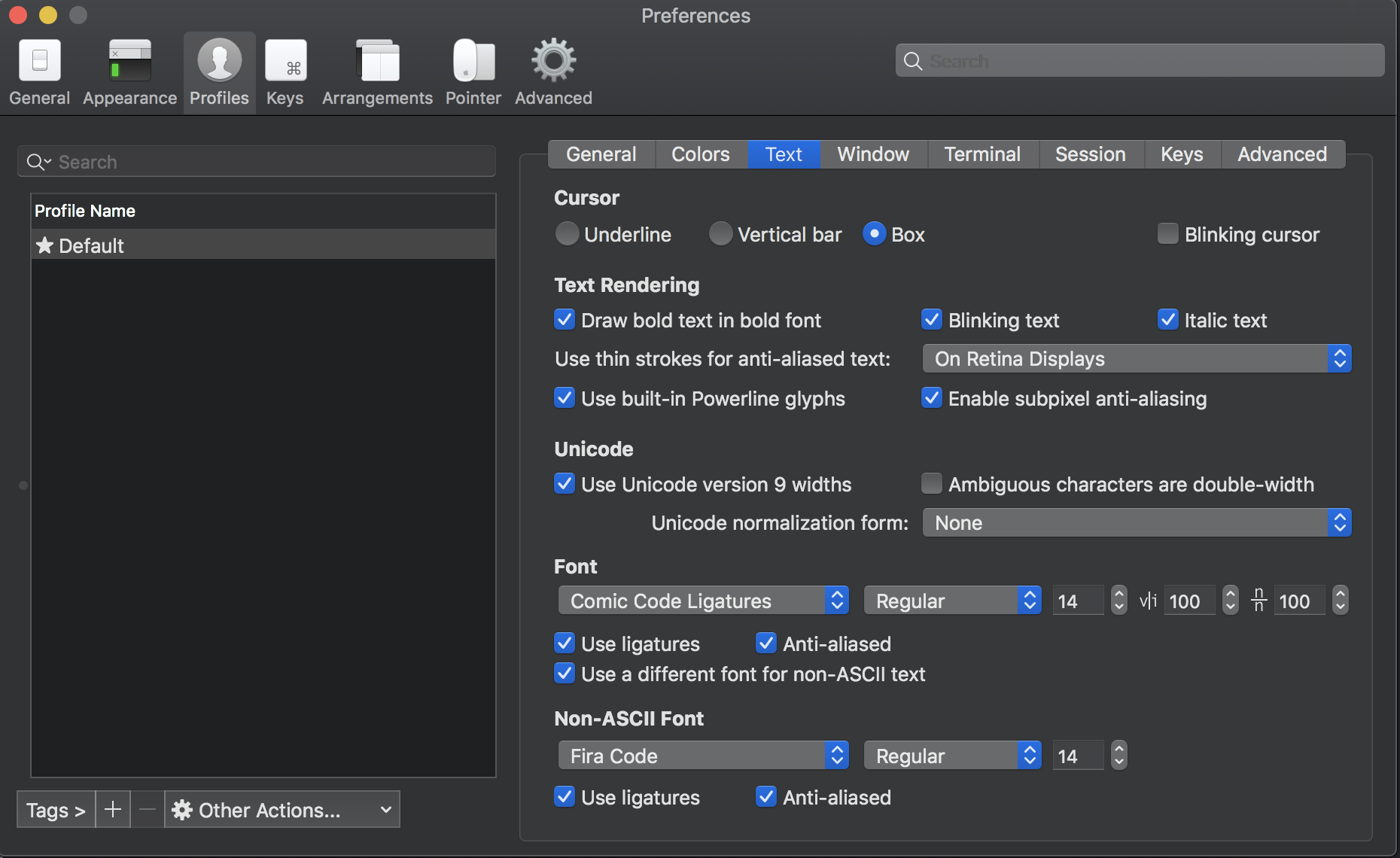 iterm text settings