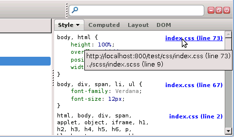 Screenshot: Tooltip showing generated (.css) and original (.scss) filename and line number of a Compass internal style/rule