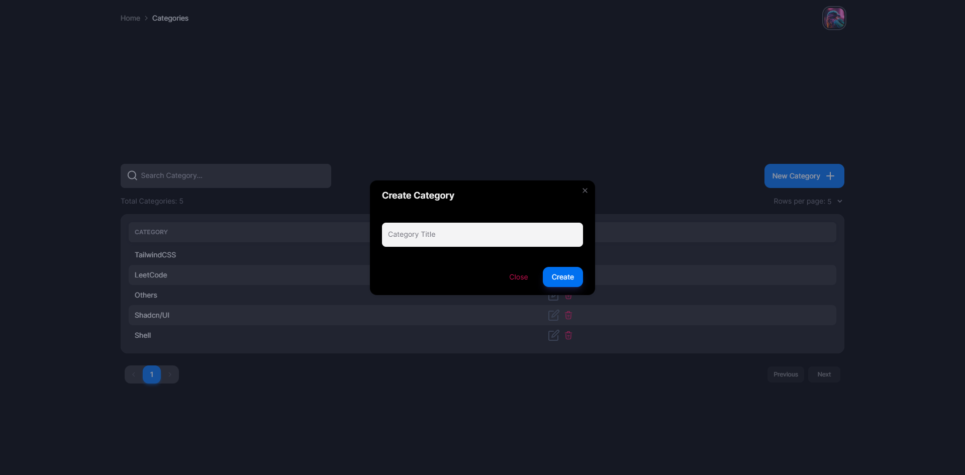 New Category Modal Screenshot