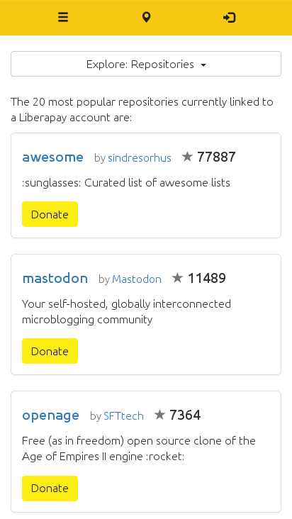 Screenshot of the new explorer of repositories. It shows that Mastodon's GitHub repository is the most starred software project on Liberapay.