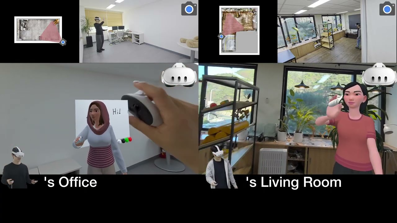 SpatialBlend demo video: two users in an office and a living room walk, converse, and interact with shared virtual and physical objects while each remote avatar is continuously adapted to the local room.