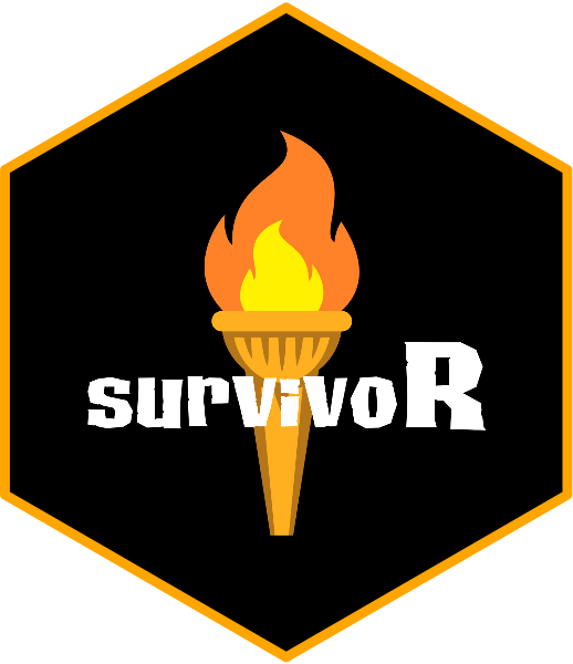 Logo for the survivoR R package, which is a black hexagon, a golden lit torch, and the word "survivoR" in white.