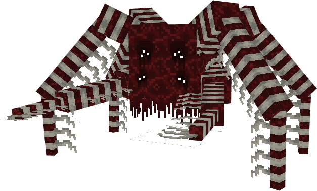 A huge flesh creature with four legs and a square body with 10 glowing eyes.