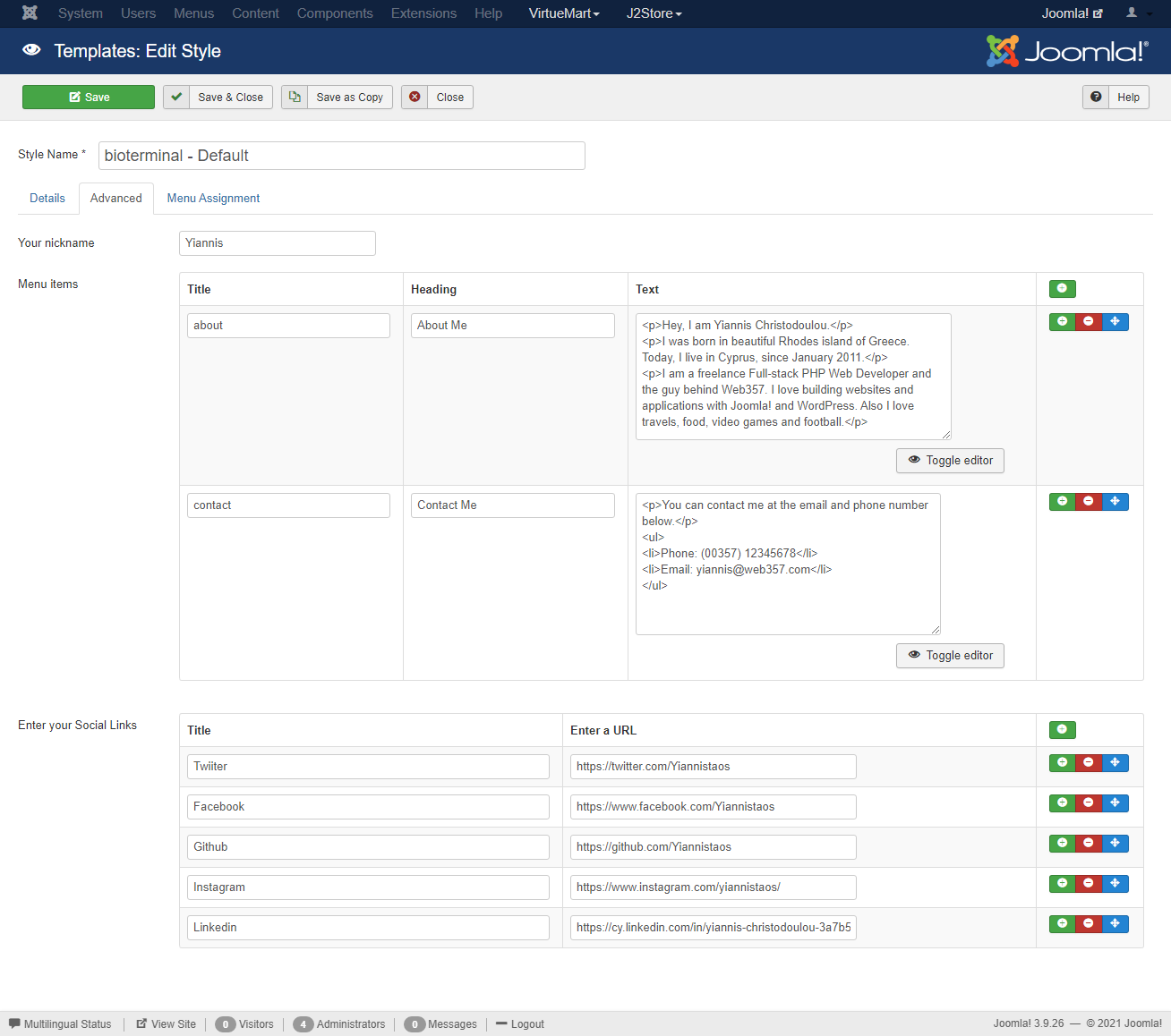 BioTerminal Joomla! Template - Parameters