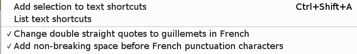 Resources > Text shortcuts submenu
