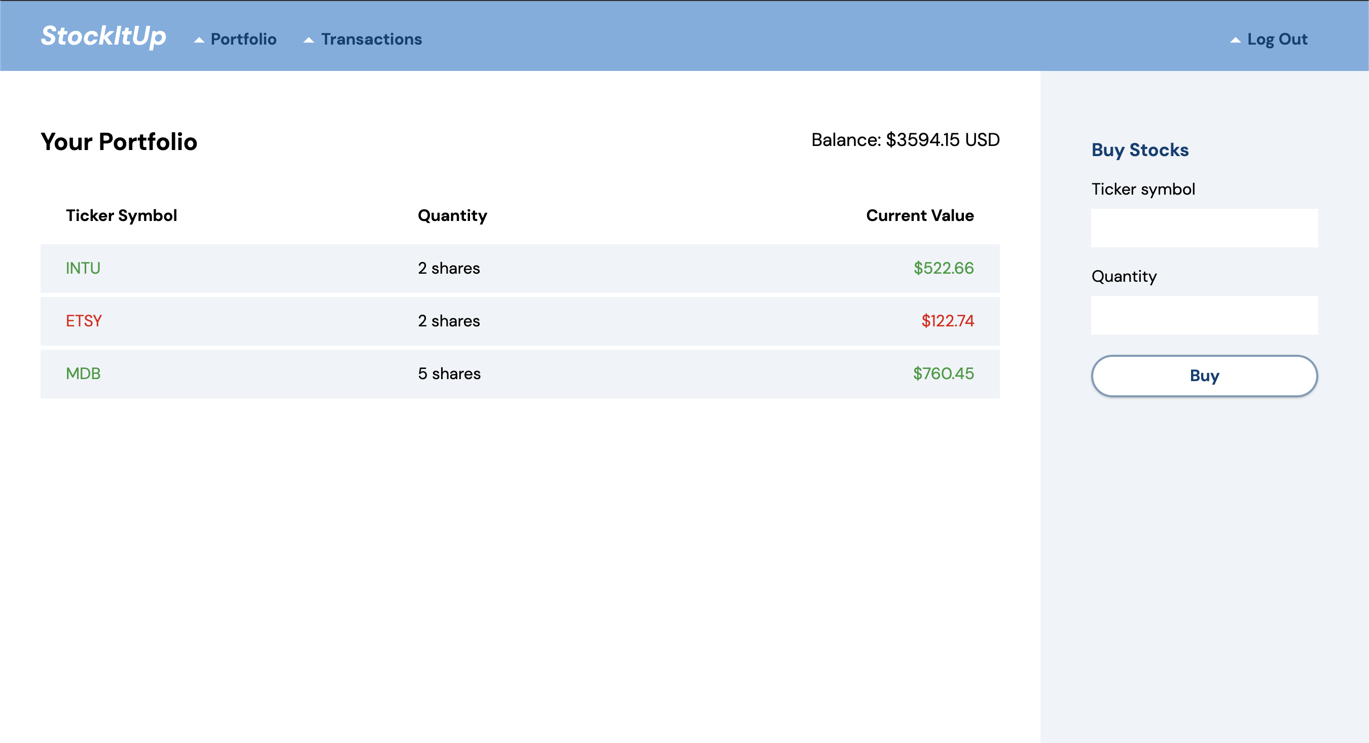 The StockItUp Portfolio page