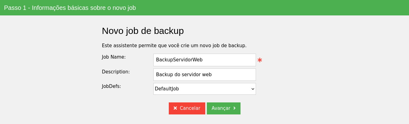 Informações básicas sobre o job de backup