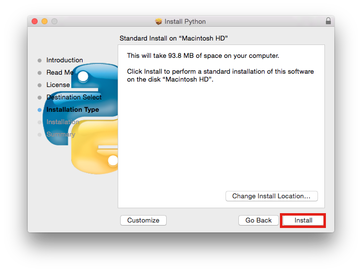 Python installation destination and type