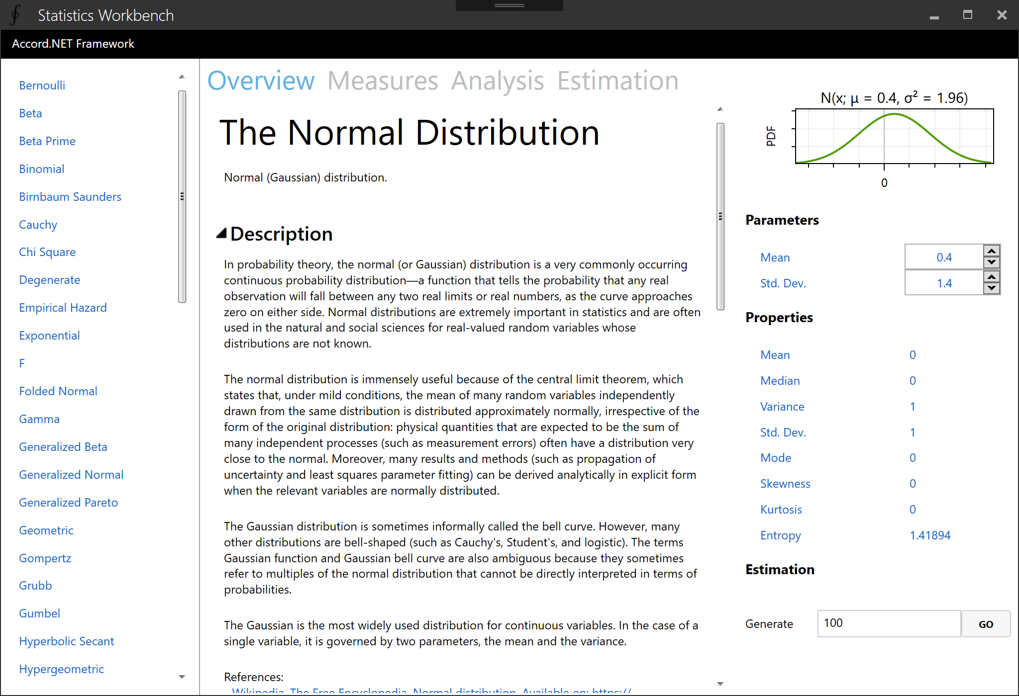 Statistics Workbench, a sample application demonstrating all probability distributions available in the framework
