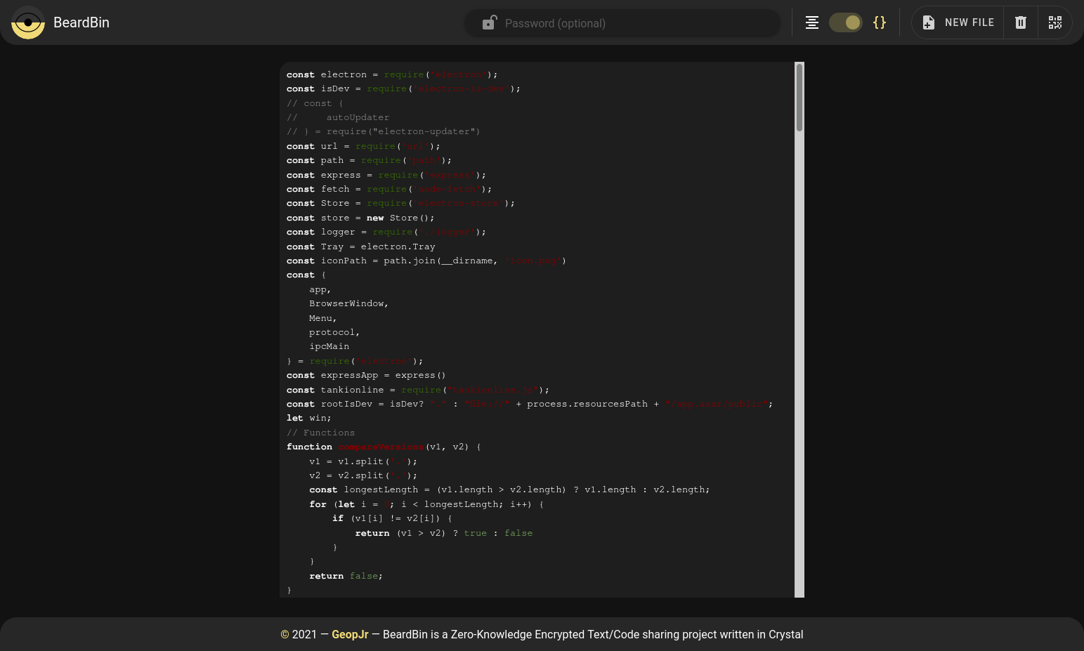 screenshot showing BaraBin using highlightjs
