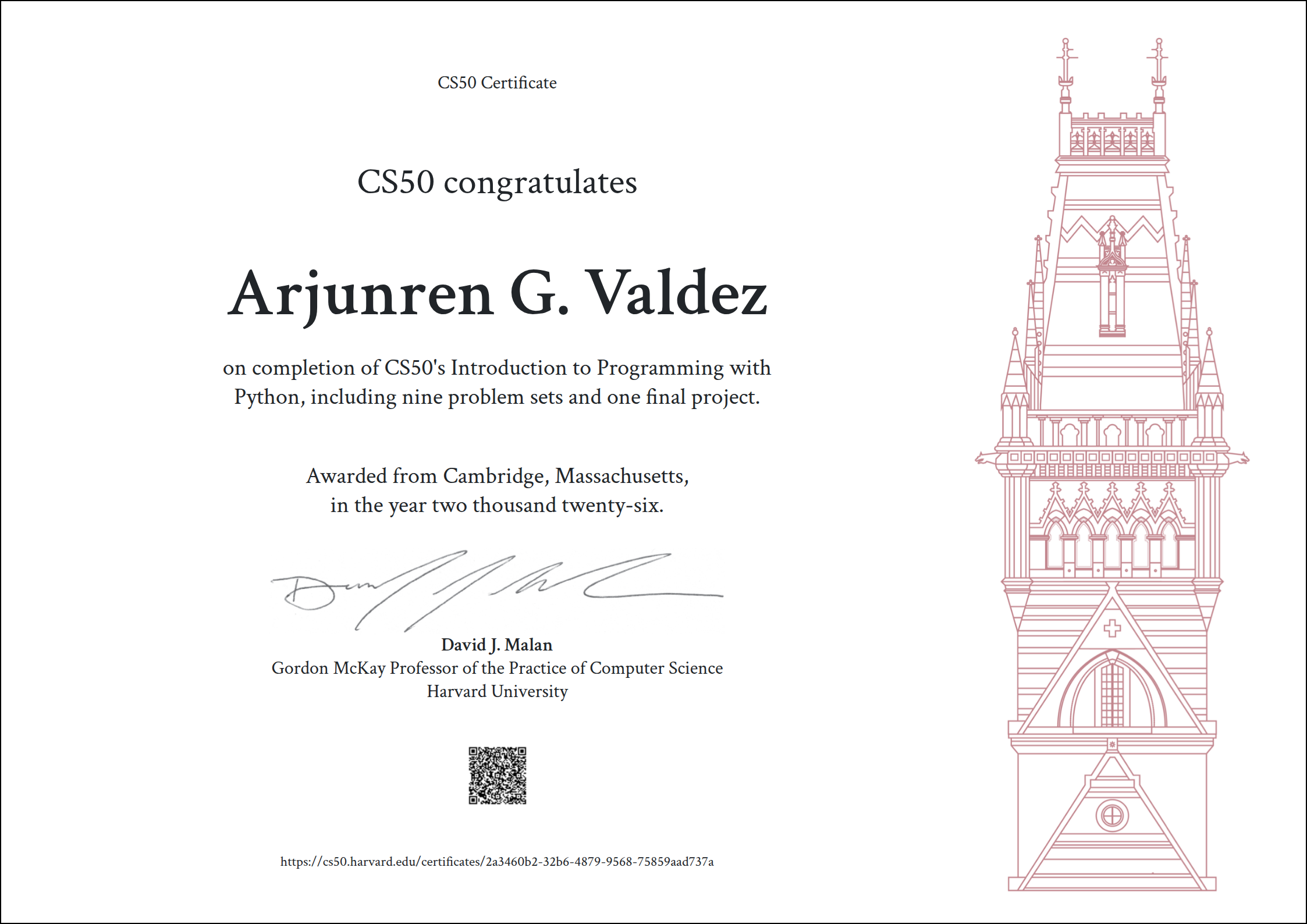 CS50's Introduction to Programming with Python certificate