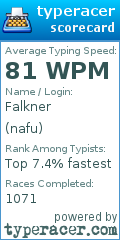 TypeRacer.com scorecard for user nafu