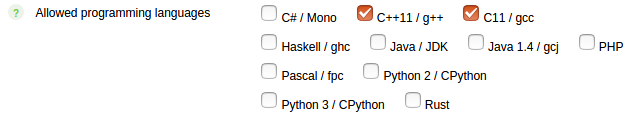 Screenshot of the checkboxes marking the allowed languages in the Contest configuration page