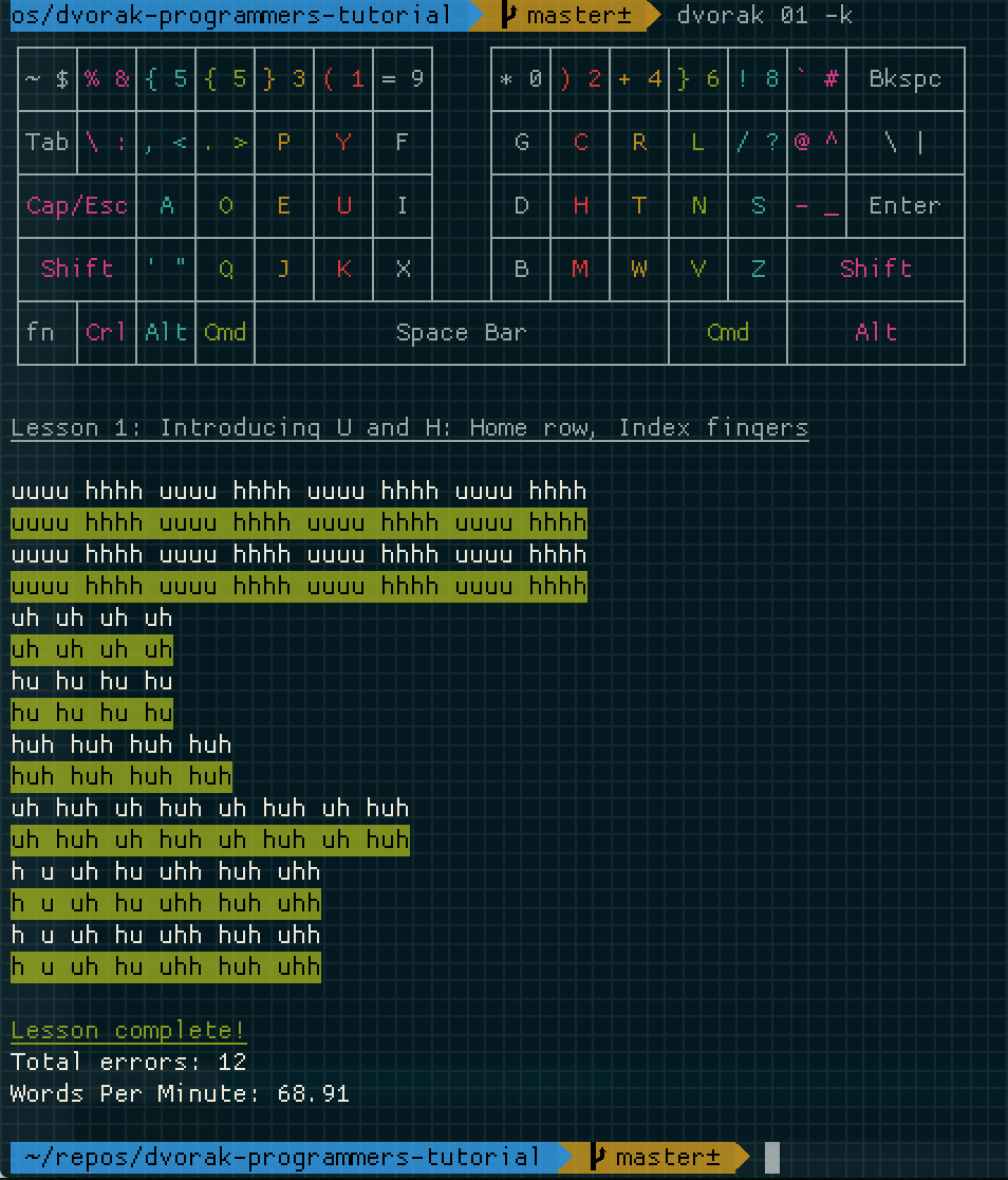 Dvorak typing tutor screenshot