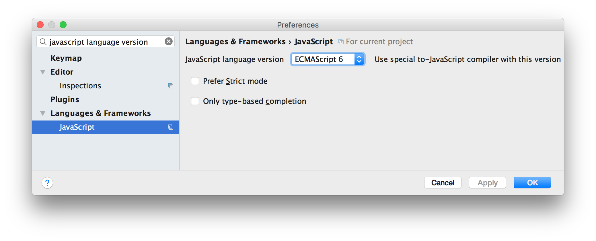 Screenshot of Webstorm preferences