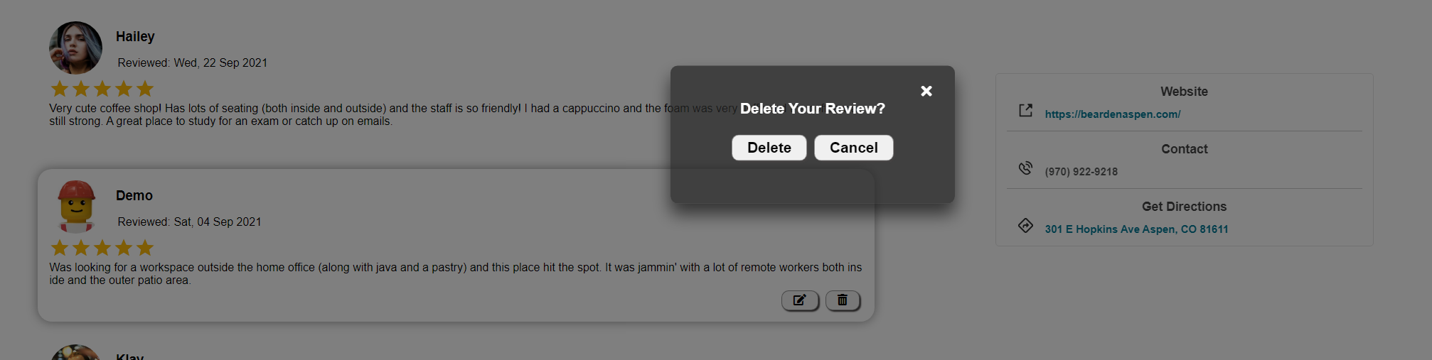 Delete Review Modal