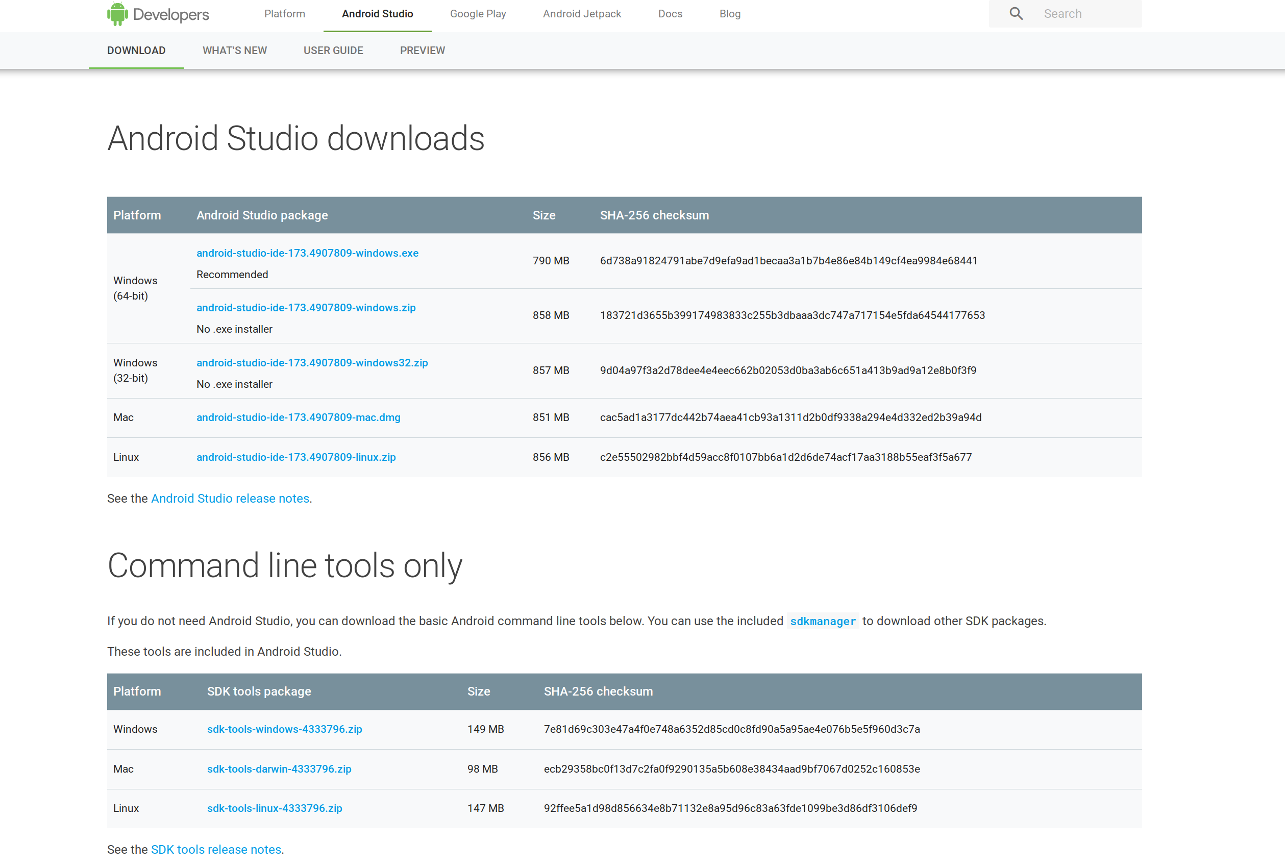 android sdk download page