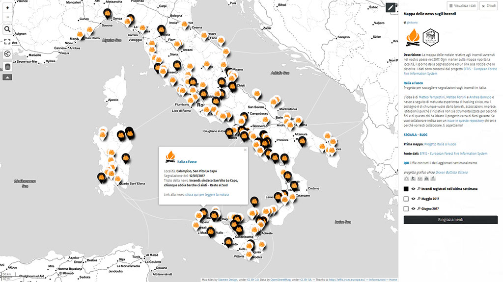 Mappa delle news sugli incendi.