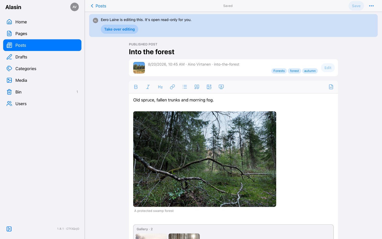 Someone else is editing this post: it's open read-only, with Take over editing