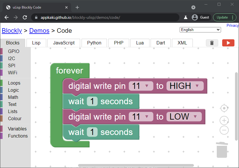 Blockly Web Editor: Blinky