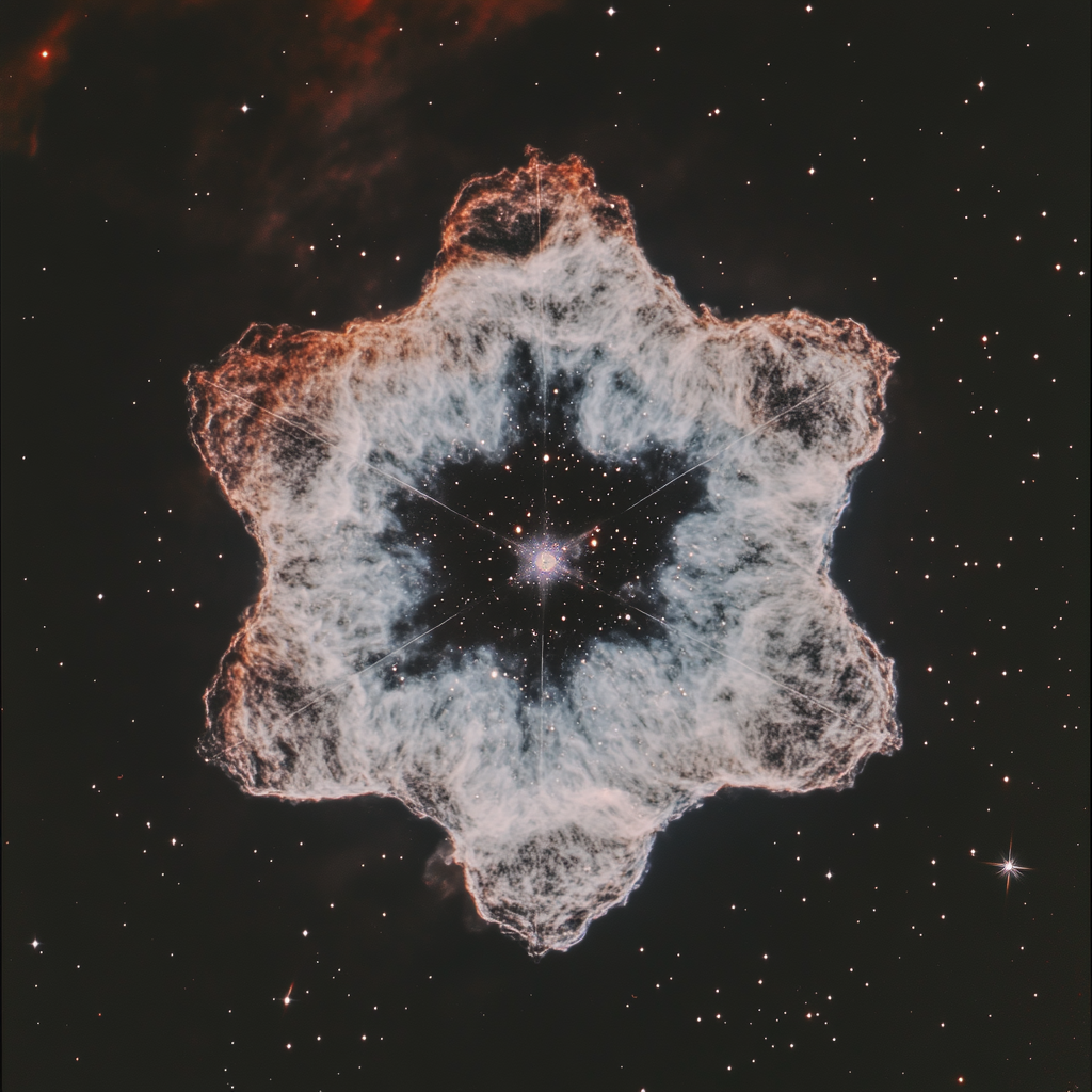 A cosmic nebula in the shape of a snowflake with deep space and distant stars in the background