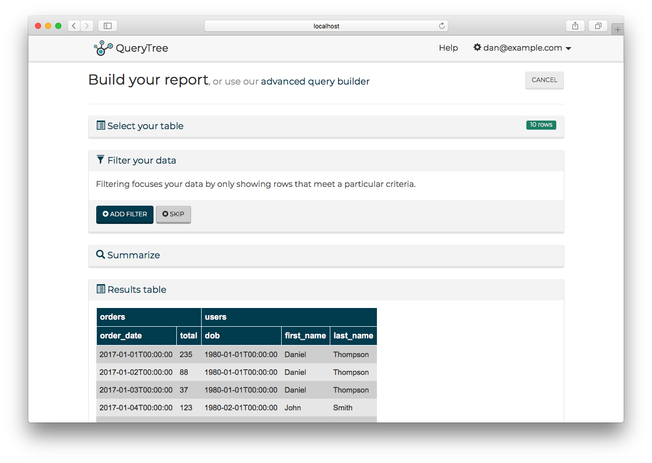 The QueryTree report filter panel