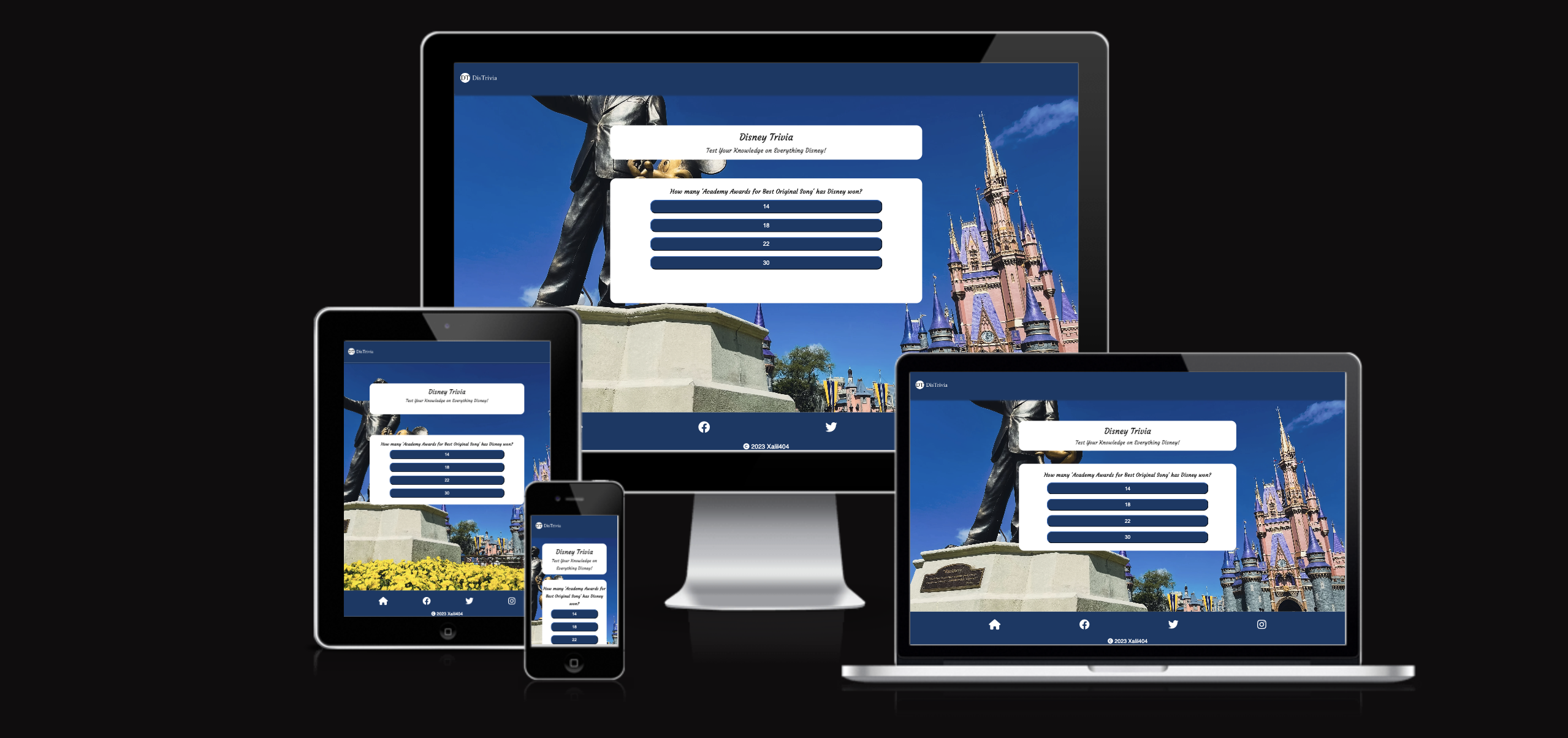 image of the DisTrivia website quiz home page on all devices