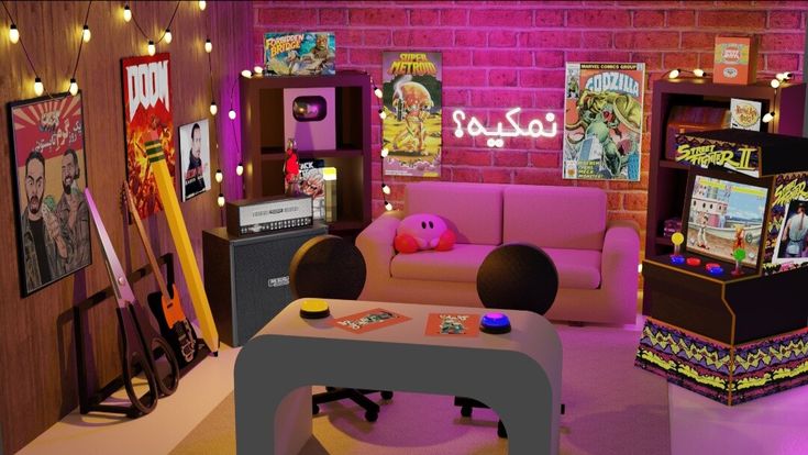 This may contain: a living room filled with pink furniture and lots of pictures on the wall behind it