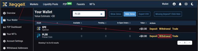 Withdrawal PLSR from XeggeX to PLSR Desktop wallet or PLSR Discord wallet address 01