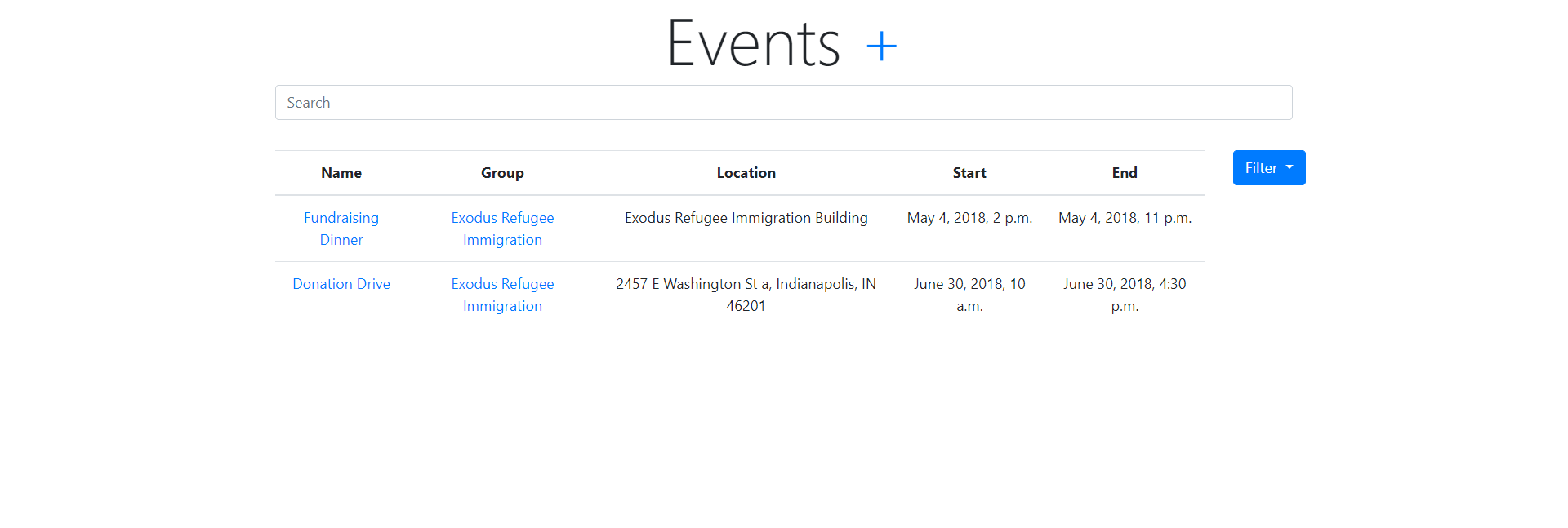 The Events page