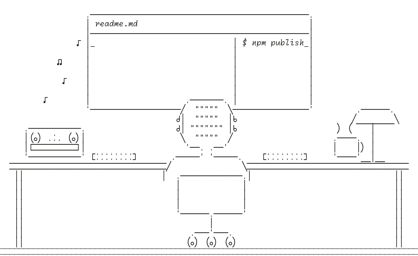 ASCII Brandon at his desk, typing his readme while music plays