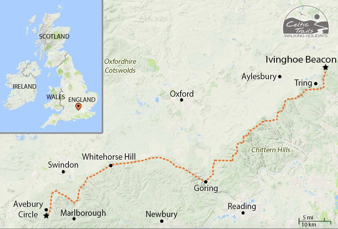 Ridgeway, um percurso estruturante de cumeada no sul da Inglaterra em uso contínuo desde o Neolítico (c. 3000 a.C.). Celtic Trails