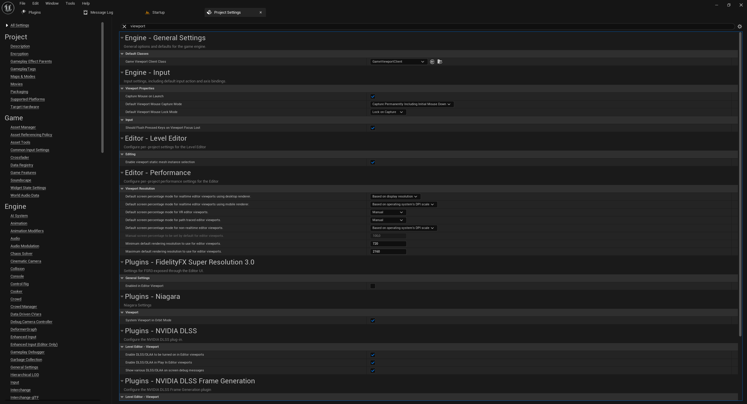 Project Settings, Viewport search