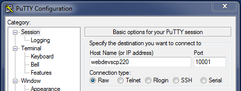 PuTTY setup for raw TCP communication