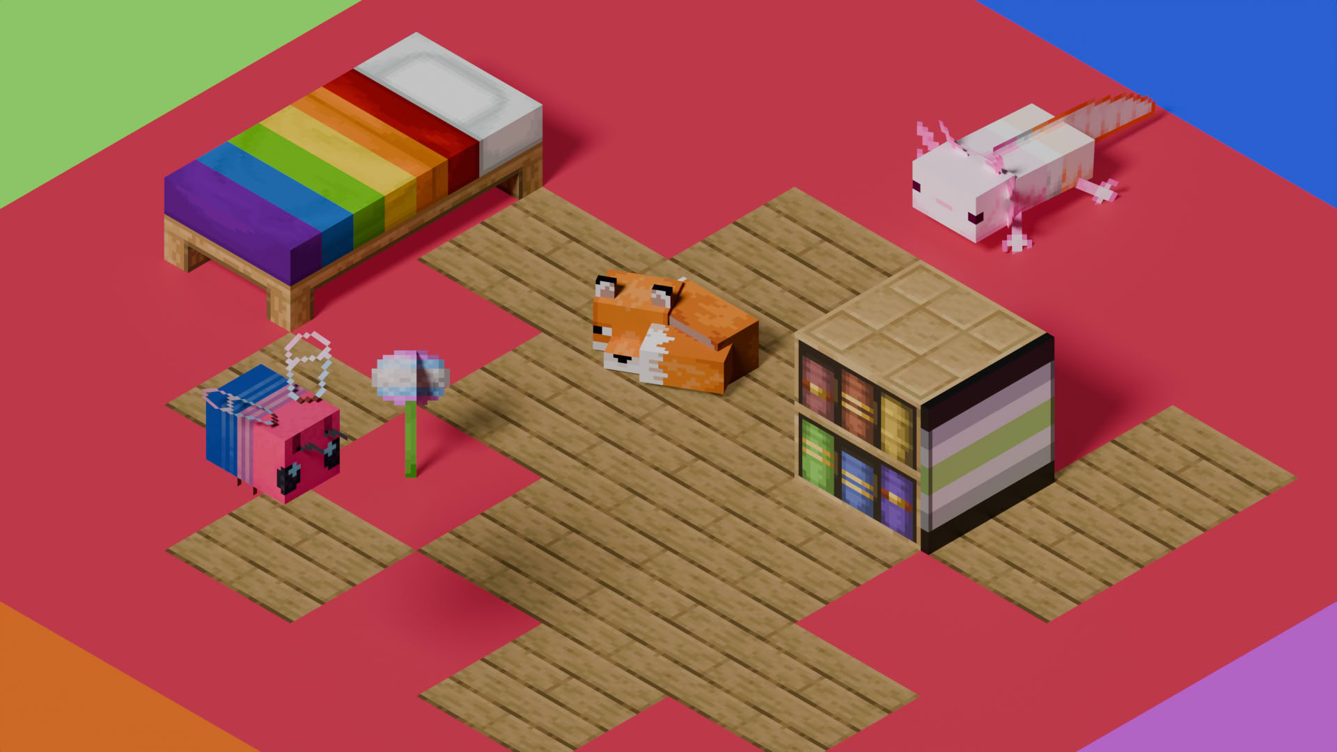 Various Prideful features sitting on a colourful surface.