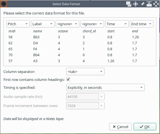 Screenshot showing how to import the reduced CSV file into the Sonic Visualizer