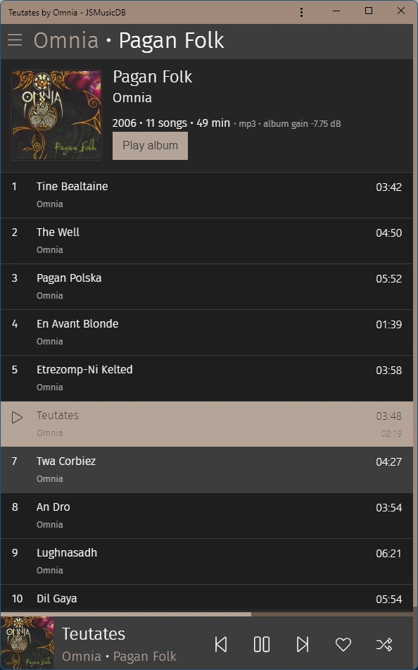 Screenshot of JSMusicDB in dark mode