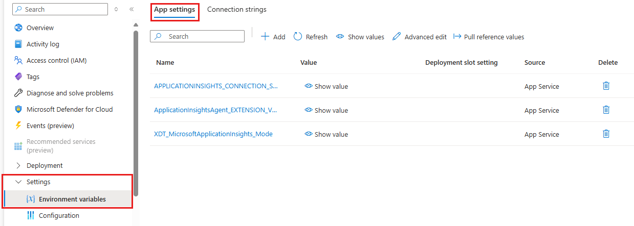 Checking application settings in app service