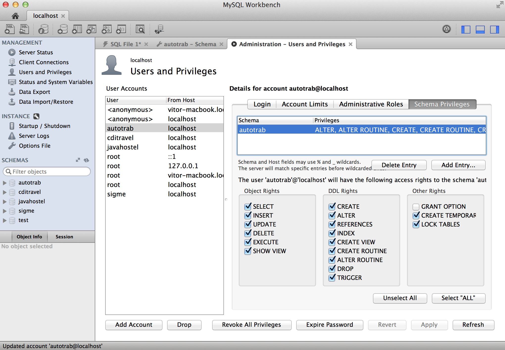 Setting up schema privileges for the autotrab user and the autotrab schema.