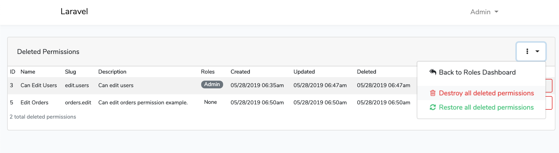 Laravel Roles GUI Permissions Soft Deletes Dashboard