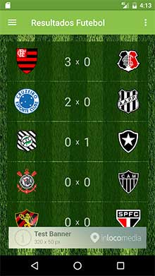 Tela do aplicativo Android 'Resultados Futebol' com um banner da In Loco Media