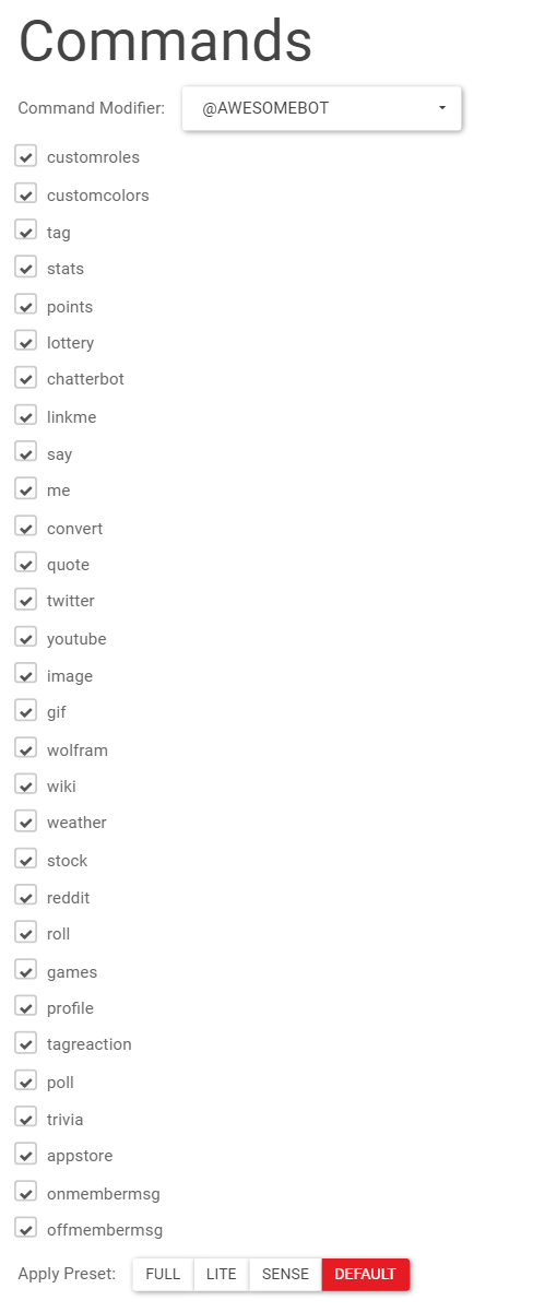 command settings list