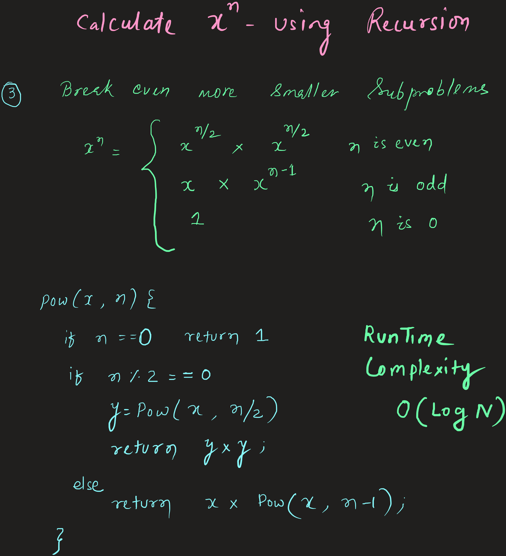 x to the power n using optimized recursion with multiple subproblems