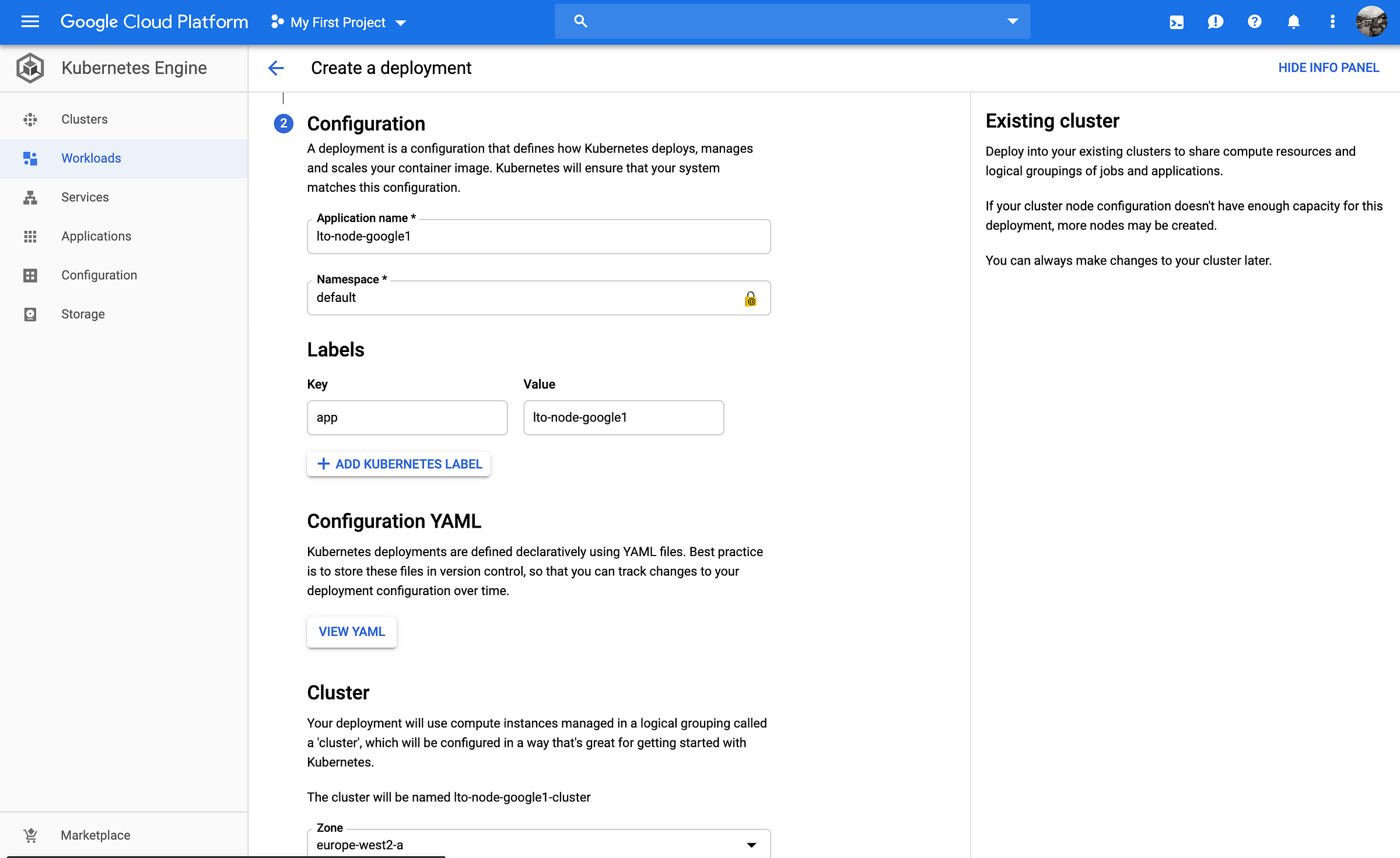 Google Cloud Platform — Creating a container deployment step 2