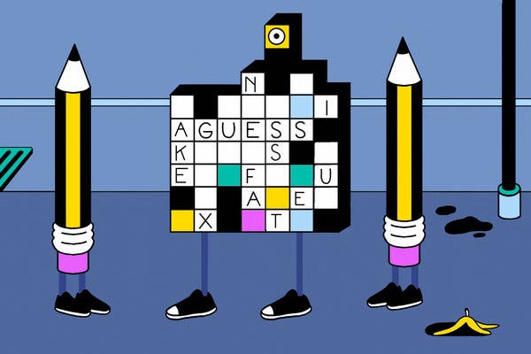 An illustration of two pencils adding and removing letters from a piece of a crossword grid standing on two legs that shakes as letters are added and removed. 